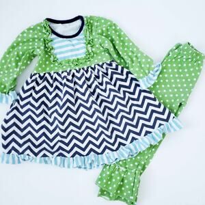 Green, Navy Chevron Polkadot Matching Set Sz 5 Girls Spring Outfit